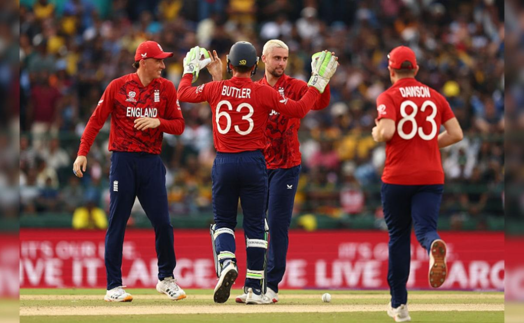 England players celebrating after taking a wicket